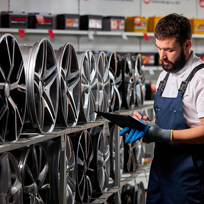Technicien Bomerée-Pneus conseillant le choix de jantes et pneus auto à Montigny-le-Tilleul.